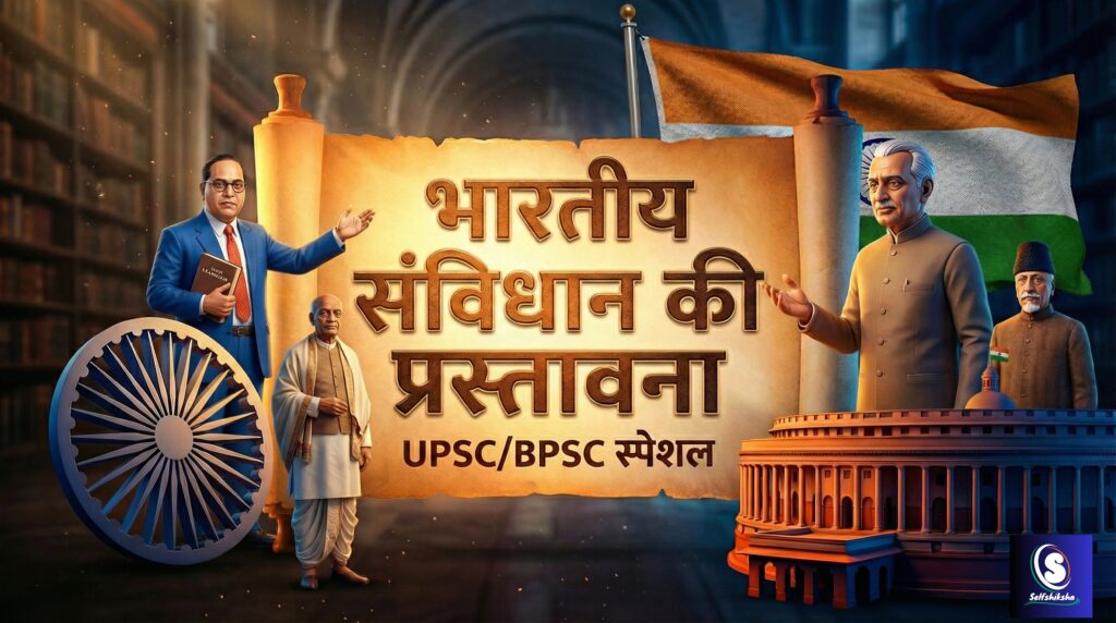भारतीय संविधान की प्रस्तावना (Preamble of Indian Constitution) पोस्टर UPSC और BPSC परीक्षा के लिए - Selfshiksha
