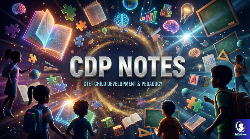 CTET CDP Notes – Child Development and Pedagogy के लिए 3D शैक्षिक इन्फोग्राफिक, जिसमें बच्चों, किताबों और सीखने के प्रतीकों को दिखाया गया है
