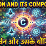 Carbon and Its Compounds का रंगीन शैक्षणिक इन्फोग्राफिक, जिसमें कार्बन परमाणु, अणु संरचना और रासायनिक यौगिक दिखाए गए हैं