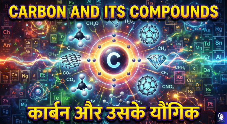 Carbon and Its Compounds का रंगीन शैक्षणिक इन्फोग्राफिक, जिसमें कार्बन परमाणु, अणु संरचना और रासायनिक यौगिक दिखाए गए हैं