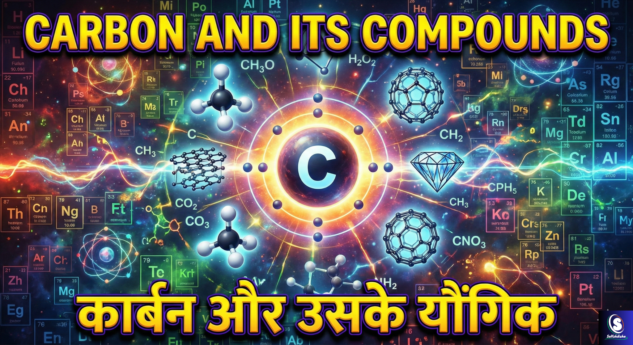 Carbon and Its Compounds का रंगीन शैक्षणिक इन्फोग्राफिक, जिसमें कार्बन परमाणु, अणु संरचना और रासायनिक यौगिक दिखाए गए हैं