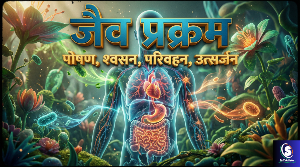 जैव प्रक्रम का शैक्षणिक इन्फोग्राफिक, जिसमें पोषण, श्वसन, परिवहन और उत्सर्जन की प्रक्रियाएँ दर्शाई गई हैं