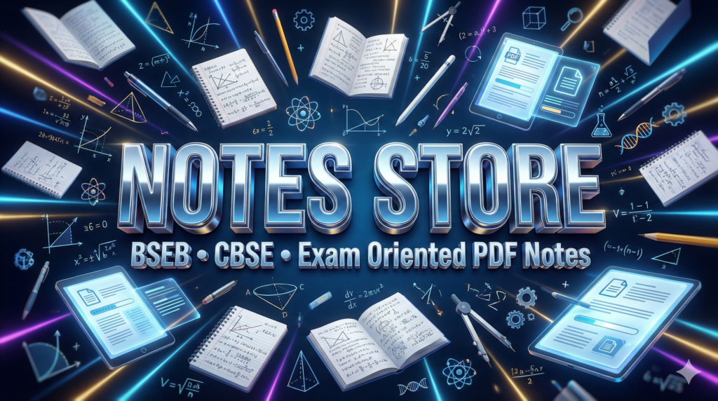 Metallic 3D Notes Store feature image with floating study materials, formulas, books and digital PDFs for BSEB and CBSE students