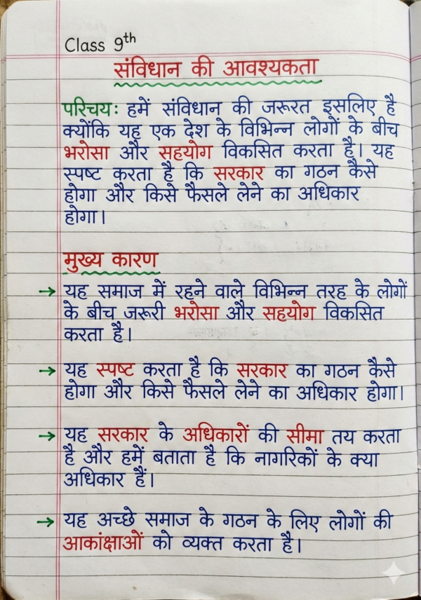 Class 9th Civics Notes (BSEB Hindi Medium) – NCERT Based Detailed Handwritten Notes PDF | Bihar Board Class 9th Political Science Notes